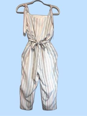 Sadie & Sage Cream and Light Brown Pink Blue Striped Tie-Waist Shoulder Jumpsuit